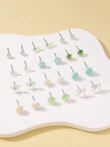 12 pares de pendientes surtidos elegantes y lindos, incluye diseños de moño, flor y resina, pendientes de botón no duplicados para mujeres - Multicolor - Ver 4