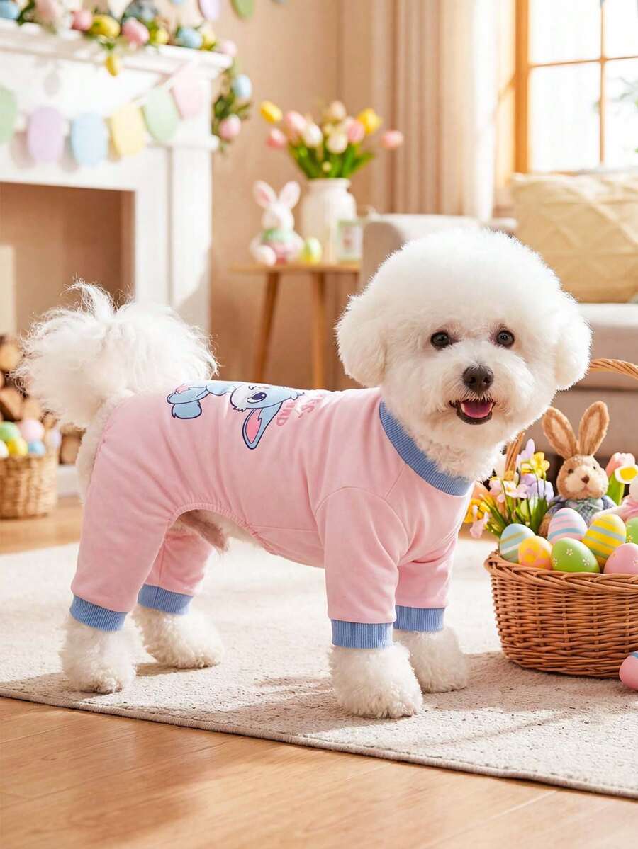 1pc Best Friend Rabbit Print Dog Pajamas, Lightweight Breathable 4-Leg Dog Shirt, Cute Pink Pet Jumpsuit Suitable For Small & Medium Dogs, Dog Loungewear - Pink - View 1