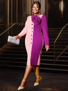 Women Plus Size Color Block Bodycon Dress With 3D Floral Button Fron For Wedding Cocktail Party - Pink - View 5