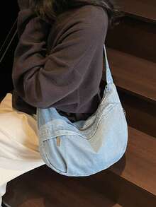 1个蓝色牛仔布新月形可折叠休闲斜挎包，多口袋拉链封口，轻便单肩包，适合夏季、通勤、运动、上学、街头穿着 - 藍色 - 查看 3