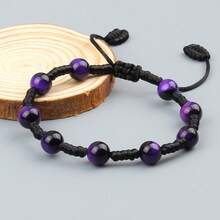 1 pieza Pulsera de cuentas de ojo de tigre púrpura hecha a mano con cuerda trenzada y nudo, pulsera ajustable de encanto para mujer y pareja, regalo de joyería - tigre morado - Ver 4