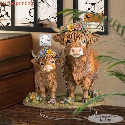 1 st bohemisk stil akryl höglandsko dekor med blommiga accenter - 2D platttryckt skrivbordsprydnad, ingen ström behövs för hemmet, fönsterdisplay och högtidsdekoration - perfekt presentval, komönster rumsdekor, fina blomdetaljer, 2D platt design
