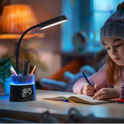 WILIT LED Desk Lamp, Dimmable Study Lamp For Home Office Desk, With Pen Holder And Clock, RGB Night Light, Essential For Bedroom And College Dorm