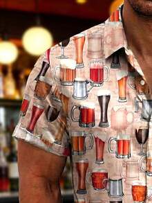 Hawaiian Beer Print Plus Size Men Short Sleeve Button Pocket Shirt - Multicolor - View 5