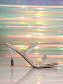 女士新款闪亮水钻绑带银色高跟鞋，尖头，优雅仙女风时尚凉鞋 - 銀色 - 查看 6