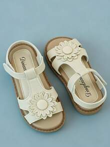 1 par de sandalias decoradas con margaritas blancas para niñas, de piel sintética, con tira cruzada y tira de tobillo antideslizante, de estilo dulce y fresco, artículo popular con alta valoración, diseño de moda, suela blanda, cómoda, sandalias ideales para niños en vacaciones - Beis - Ver 2