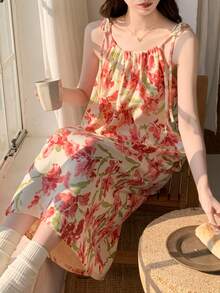 Women's Floral Print Sleeveless Nightgown, Contrast Color Cute Cartoon Casual Nightdress, Suitable For Spring And Summer - Pink - View 2