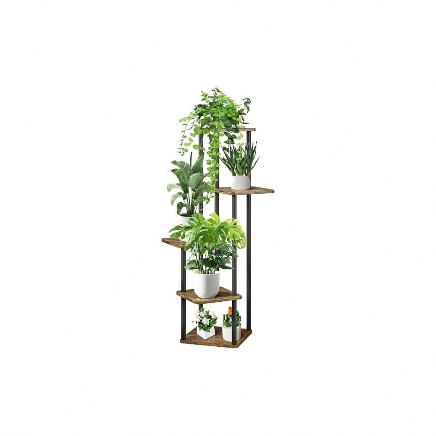 6 Tier Wood Tall Plant Stand Metal Rack Indoor, Multiple Flower Pot Holder Shelves Corner Rack, Planter Shelf Display Rack Storage Organizer Patio Living Room Balcony GardenWhite Oak - 5 Tier, Black - View 1