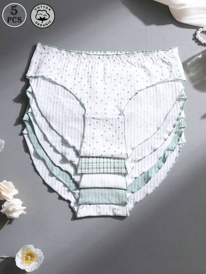 Aesletic 5 Pcs/Pack Women's Soft Comfortable & Breathable Ruffle Trim Panties Sexy Ribbed Flower Print Briefs Assorted Colors Underwear For Yoga, Sports And Daily Wear