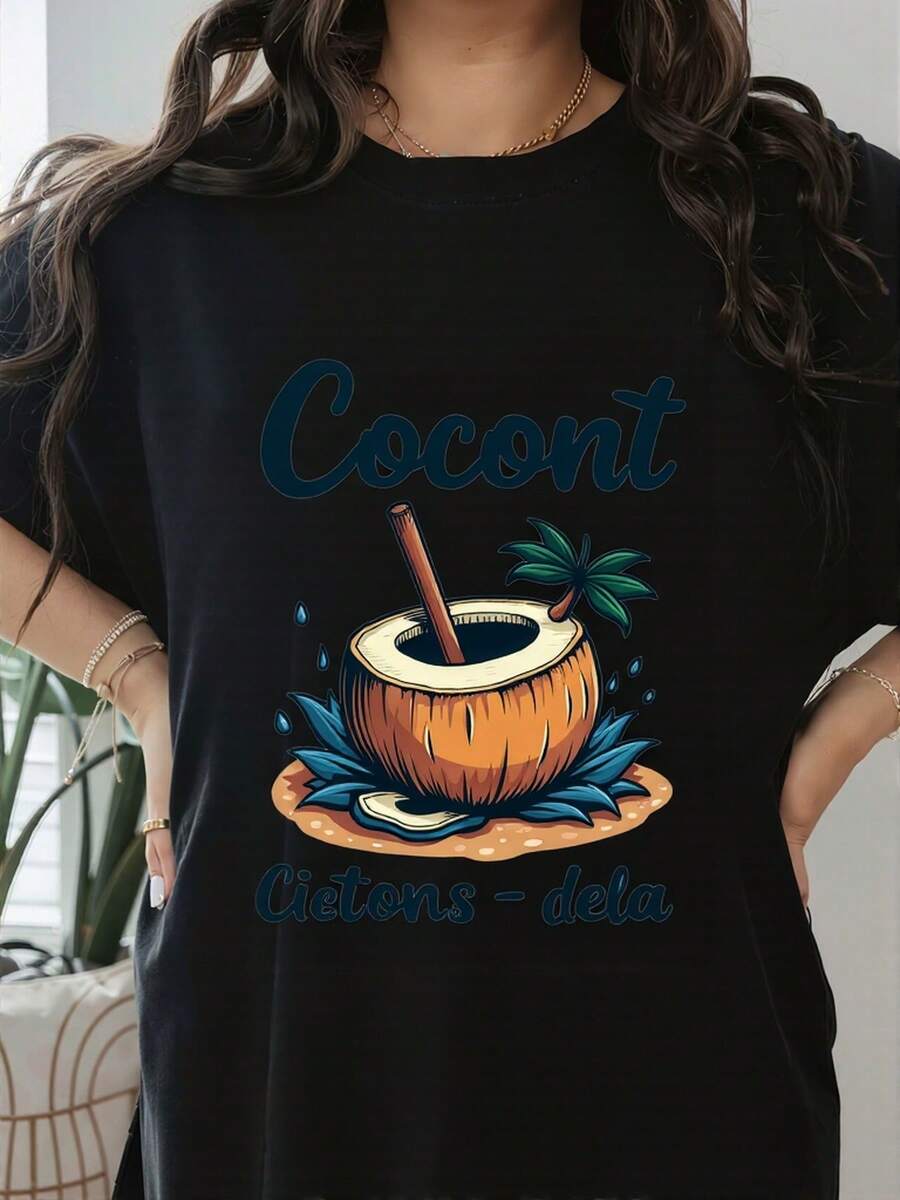 Deslumbrante camiseta de verano con diseño de coco exótico, estampado tropical llamativo, ideal para días cálidos y relajantes, disponible en talla M, L, XL y color negro, moda femenina esencial para el ocio y aventura, popular entre jóvenes activas y amantes de la naturaleza, ropa casual para cualquier ocasión,  actuales en estilo playero, camiseta favorita de compras. - Negro - Ver 1