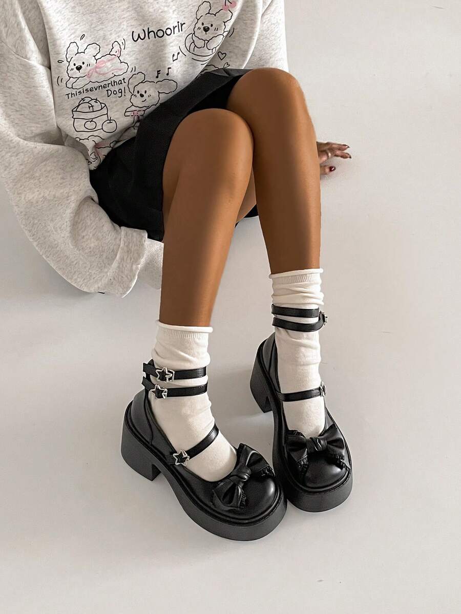 1 par de zapatos con plataforma, decoración de lazo y hebilla de cuero sintético, estilo JK, adecuados para todas las estaciones - Negro - Ver 1