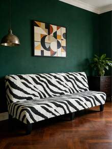 Zebra Print Elastic Sofa Bed Cover, Machine Washable, Suitable For Armless Sofas, Easy To Install, Disassemble, - Black and White - View 4