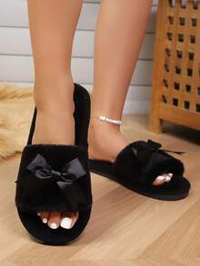 Women's Cute Bowknot Plush Open Toe Slippers, Soft & Comfortable Lightweight Indoor House Shoes, Suitable For Living Room And Bedroom, All Season,Shoe,Spring Summer Picks,Brides Maid Gifts,Room,Bedroom Decor,Beach,Travel,For Men,For Women,Vacation,Women's Day,Travel Essentials,Wedding Favours,Y2k,Bedroom,Car Accessories Women,Kitchen Decor,Cute Stuff - Black - View 4