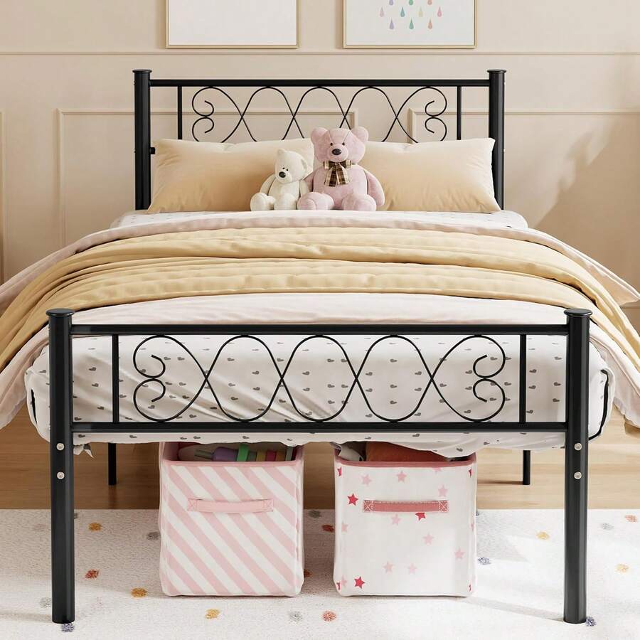 Marco de Cama Individual de Metal, cabecero y Estribo con diseño de corazón de Hierro, Cama de Plataforma de tamaño Individual para niños y niñas, no Necesita somier, fácil Montaje - Blanco - Ver 1