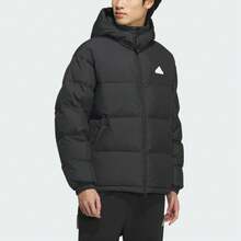 Adidas PUFFYDOWN Series Brand Iogo Outdoor Casual Hooded Warm Down Jacket, Unisex, Black.