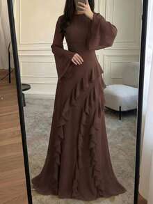 女士优雅咖啡色长连衣裙，喇叭长袖+荷叶边下摆，正式晚宴礼服 - 咖啡 - 查看 5