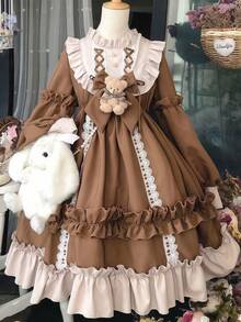 1pc Cute Lolita Style Dress, Soft Girl Student Outfit, Cosplay Costume Accessories, Suitable For Festivals, Parties, Performances, Includes Dress + Bow Tie Teddy Bear - Multicolor - View 9