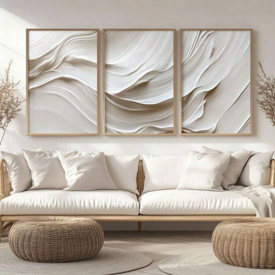 3pcs Neutral Beige Soft Tones Minimalist Wall Arts, Beige White Wave Abstract Prints, Brush Strokes Posters, Modern Wall Decor, Canvas Art For Living Room, Bedroom, Kitchen, Home Office, Cafe, Bar, Dorm, Hallway, Home And Room Decoration, Unframed - White - View 1