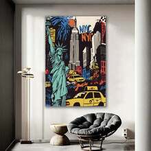 1pc Vintage New York Skyline Canvas Art Prints - Statue Of Liberty Wall Decoration, Vintage New York City Landscape Posters With Iconic Green Statues And Yellow Taxis, Canvas For Bedroom, Dormitory Or Gallery, Dormitory Room Decoration | Art Wall Decoration | Classic Decorative Style Vintage Frameless Wall Arts Posters - Multicolor - View 5