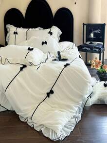 公主风被套套装，黑色蝴蝶结床上用品套装，四季皆宜 - 三件套（1 个被套，2 个枕套）超柔软透气时尚被套