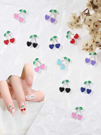 30pcs 3D Heart Cherry Nail Decorations, Cherry Nail Rhinestones, Shiny Gem Nail Art, Cute Fruit Nail, Luxury Jewelry Nail DIY For Women