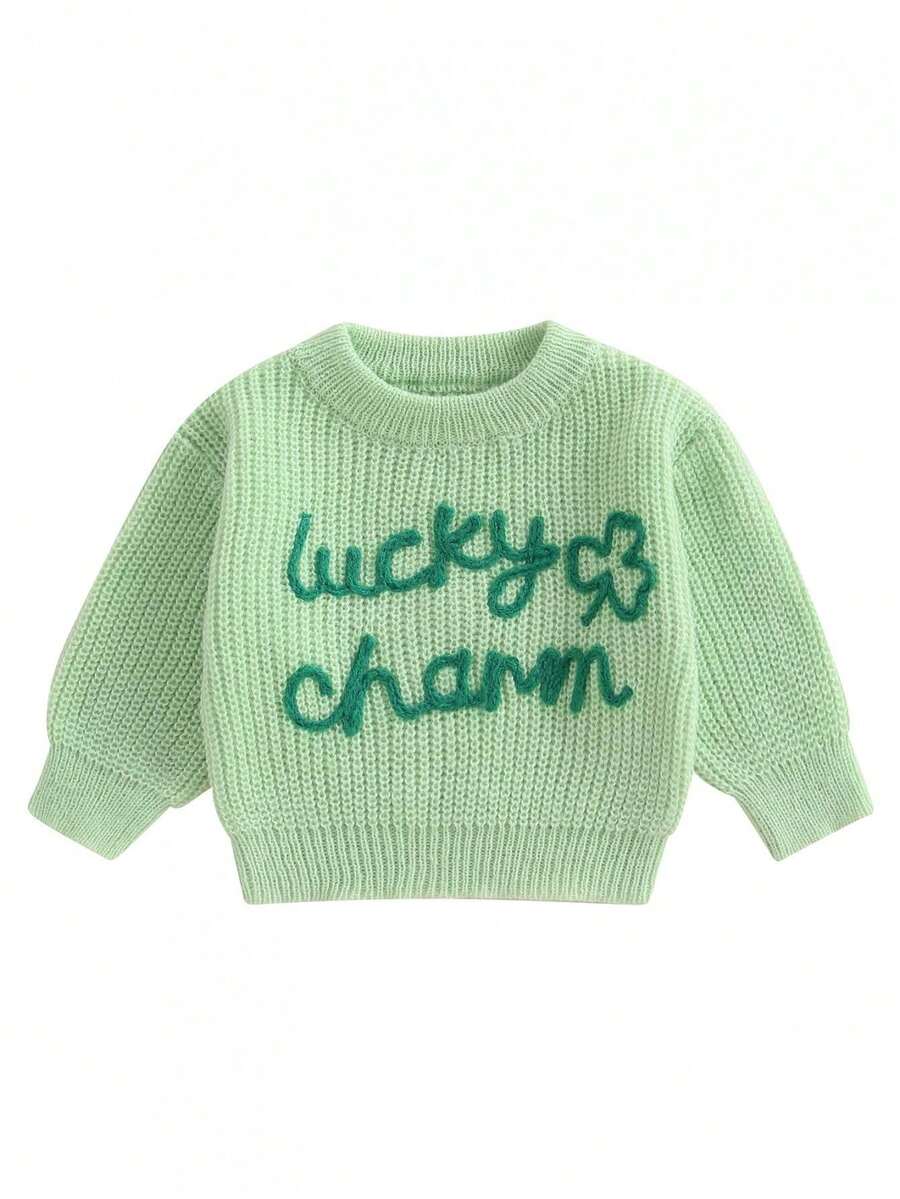 Baby Boy Girl St. Patricks Day Outfit Toddler Shamrock Embroidery Lucky Charm Knit Sweater Pullover Sweatshirt Winter Spring Clothes - màu xanh lá - Xem 1