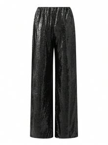 Women's Sparkle Sequin Pants Lightweight Elastic Waist Wide Leg Loose Pants Trousers - Negro - Ver 3
