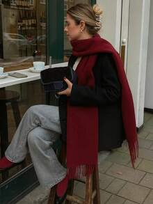 1pc Women Simple Solid Color Regular Style Faux Cashmere Scarf, Suitable For Transitional Season, Daily Wear, Windproof And Warm Winter Fall - Burgundy - View 1