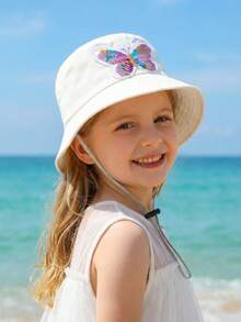1顶女童亮片蝴蝶渔夫帽，可调节，时尚防晒帽，适合春夏佩戴 - 白色 - 查看 9