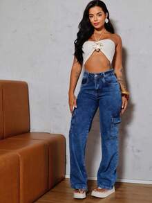 Women's Wide Leg Cargo Jeans - Rửa tối - Xem 6
