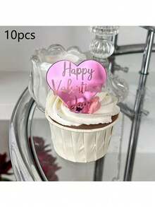 5pcs/10pcs/20pcs Heart Shaped Acrylic "Happy Valentine's Day" Cupcake Toppers, Suitable For Valentine's Day Party DIY Cake & Dessert Decorations