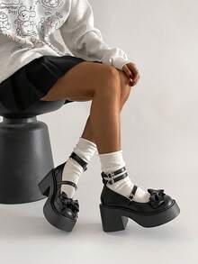 1 par de zapatos con plataforma, decoración de lazo y hebilla de cuero sintético, estilo JK, adecuados para todas las estaciones - Negro - Ver 9