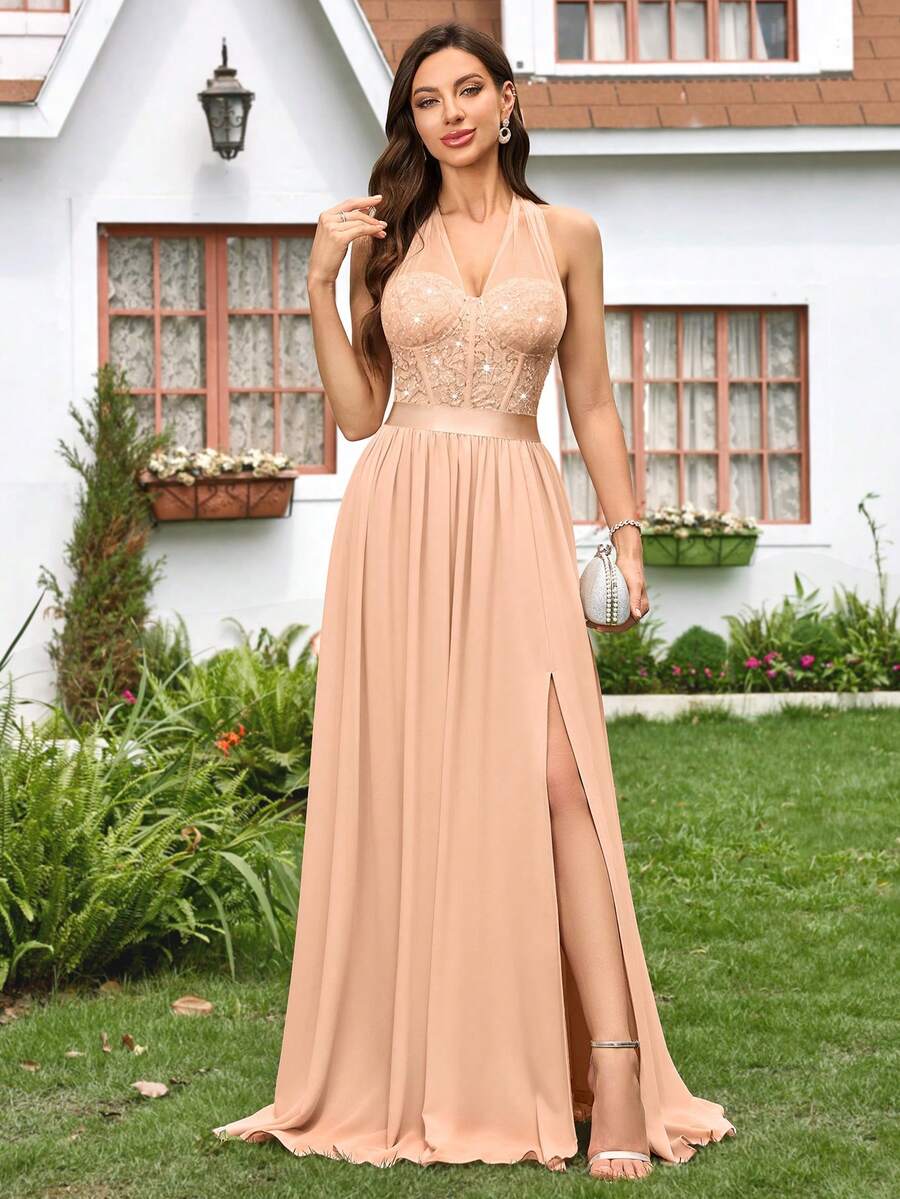 Đầm voan chiffon đính sequin hở lưng, họa tiết hoa ren, xếp ly, thích hợp cho mùa hè, tiệc tùng trang trọng, đám cưới mùa xuân.