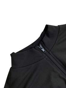 European & American Style Women's Fashion Fitted Mandarin Collar Cardigan With Thumb Hole Sleeves, Fitted Sexy Jacket & Flared Pants Set - Black - View 3