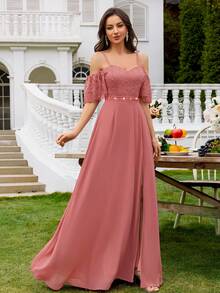 Đầm dạ hội ren hoa trễ vai cổ tim xẻ tà, kiểu dáng thanh lịch, thích hợp cho kỳ nghỉ, lễ tốt nghiệp, tiệc chiêu đãi và các dịp khác. - Bụi hồng - Xem 4