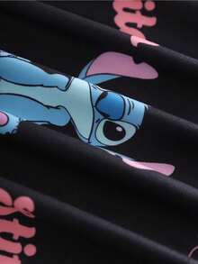 Disney 迪士尼授權 Stitch 女款兩件式睡衣套裝，黑色可愛卡通 Stitch 印花，圓領短袖上衣與長褲，舒適針織面料居家休閒套裝，可愛優雅休閒風 - 黑色 - 查看 7