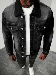 A Dark Men's Coat With Buttons And A Fur Collar - Dark Grey - View 3