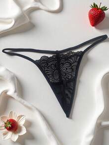 AB. 女士时尚性感蕾丝花卉透明丁字裤 - 黑色 - 查看 2