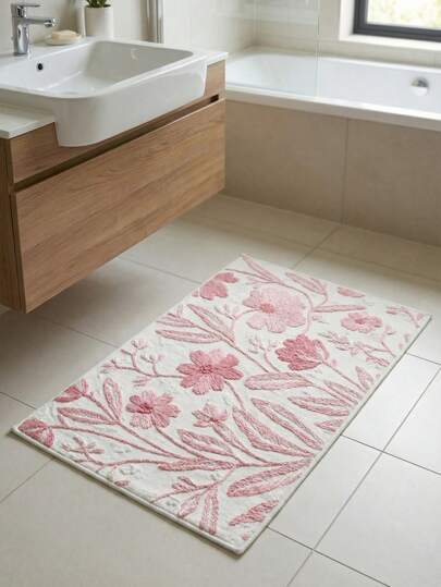 1pc Pink Floral Bathroom Mat - Non-Slip, Quick Dry, Absorbent, Soft As Cashmere, Suitable For Home Decor, Perfect For Kitchen And Bathroom, Size: 23.6 X 15.7 Inches, Decorative Non-Slip Entryway Carpet