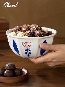 shoxil 1个沙特风格陶瓷甜点碗，饰有郁金香花图案，可用作零食碗、酸奶沙拉水果碗、坚果碗、托盘、甜点盘，适用于下午茶、家庭聚会、节日礼物、派对用品、斋月礼物分发等场合。 - 碗 - 查看 5