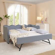 Twin To King Daybed With Trundle,Linen Upholstered Daybed With Pop Up Trundle Bed,Modern Extendable Twin Day Bed Frame For Girls Bedroom Living Room Guest Room,No Box Spring Required - 藏蓝色 - 查看 4