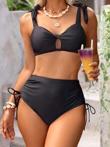 jeederkim Bikini negro elegante de dos piezas para mujer con tirantes ajustables, diseño calado y lazos laterales, adecuado para usar en la playa y de vacaciones - Negro - Ver 4