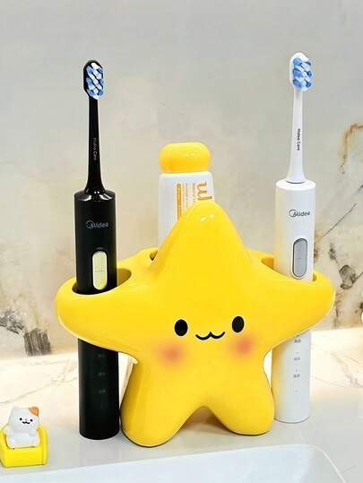 1pc Cute Star Toothbrush Holder. Bathroom Storage Rack. Waterproof, Anti-Fouling, Easy To Clean. Sturdy Freestanding Bathroom Organizer. Space-Saving Design. Ideal For Storing Toothbrushes, Toothpaste And Cosmetics. Adorable Star Shape.