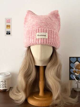 1 st söt kattöronmössa, färgglad stickad varm mössa för kvinnor, höst/vinter, mångsidig, lämplig för små ansikten