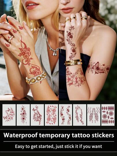 8张海娜花朵和几何条纹红色临时纹身贴纸，防水防汗，适用于脸部、手臂、腰部、胸部、腿部、腹部、颈部、手部、手指、背部，可用于舞会、舞台表演、现代人体彩绘等场合。