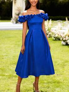 Đầm chữ A dài ngang gối màu xanh hoàng gia bằng satin, trễ vai, cổ bèo nhún của AOMEI dành cho nữ, thích hợp cho khách dự đám cưới mùa xuân và các bữa tiệc cocktail. - Màu xanh lam - Xem 4