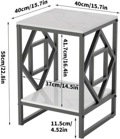Wisfor Mesa Auxiliar Marmol Lateral para Sala Dorada Minimalista Blanca Negro de Noche para Recamara Cuadrada de 2 Niveles 40x40x58cm