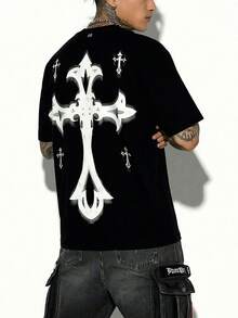 Men's Stylish Cross Print Casual Short Sleeve T-Shirt - Black - View 5