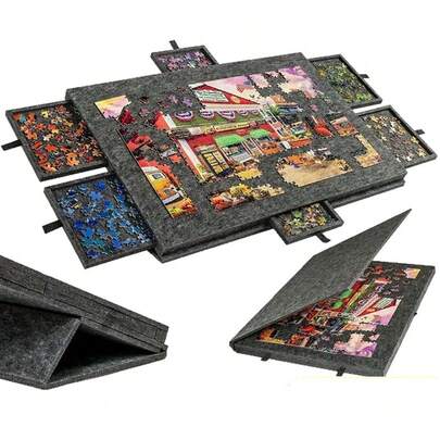 Lightweight Felt Jigsaw Puzzle Board Portable Puzzle Storage Table W/ 6 Slid Drawer 1000pcs For Adults Light Grey/Dark Grey