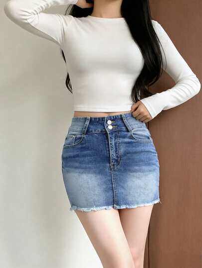 High Waist Solid Color Cropped Fitted Casual Fringed Denim Mini Skirt For Women, Spring/Summer
